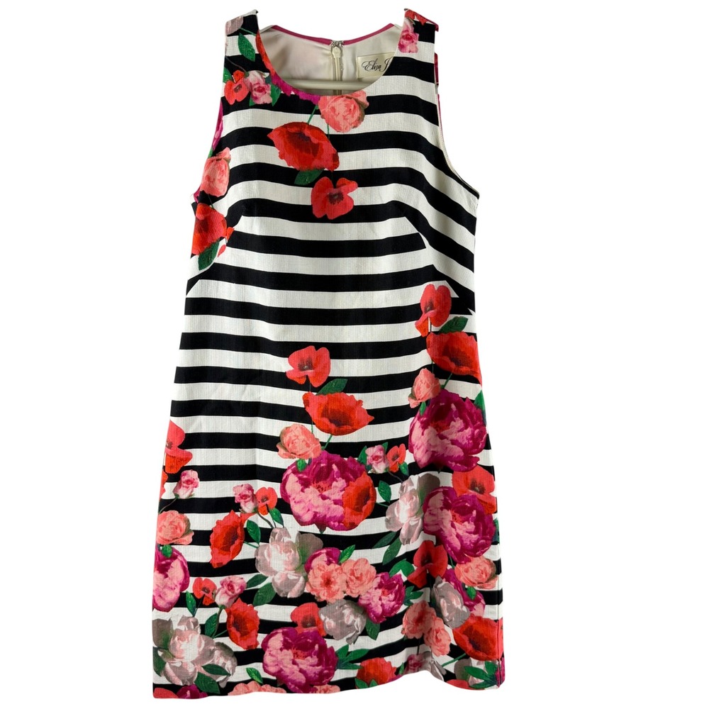 Eliza J Floral Stripe Sleeveless Shift Dress‎ Black White Pink Red Poppies Sz 2